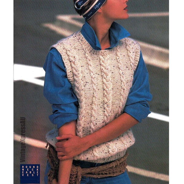 Cable Knit Round Neck Vest Sleeveless Pullover Knitting Pattern in ENGLISH 12 ply Lady's 32-38" PDF Digital Download