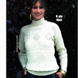 Lady&#39;s Cable Patterned Sweater Knitting Pattern Lace Open Diamond Lattice Zig Zag Snowflake 8 ply Vintage PDF Digital Download