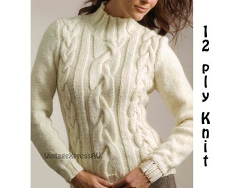 Bulky Easy Knit cable sweater Aran knitting pattern Women's 6 sizes 65-115cm 25.1/2"-42cm XXS-XL 12 ply PDF digital download