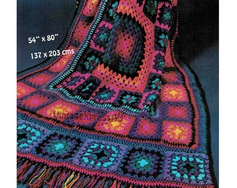 Afghan rug Jewel tones Crochet pattern in ENGLISH 54x80" 137x203cms Worsted weight Vintage Throw Blanket Fringe 1970's PDF digital download