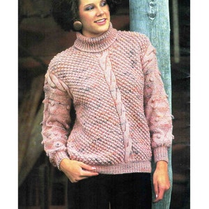 Lady&#39;s Polo-Neck Cable Knit Sweater Knitting Pattern in ENGLISH 12 ply Tweed Women&#39;s 7 sizes 30-42&quot; Vintage PDF Digital Download