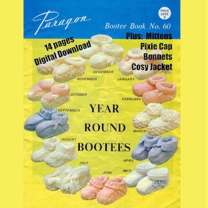 Baby BOOK Bootees Mittens Bonnets Pixie Cap Jacket Vintage Knitting Patterns Paragon No 60 PDF Digital Download