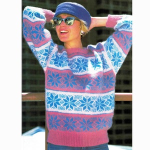 Schneeflocke Fair Isle Pullover Pullover Strickmuster reine Wolle gebürstet 8 fädig DK ~ 3 Größen ~ Vintage 1980er PDF Digital Download