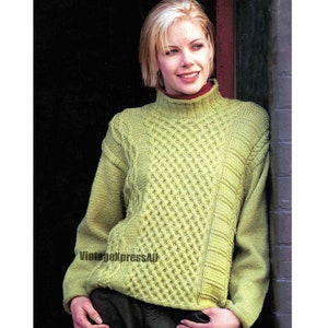 Aran Lady&#39;s Sweater Round stand up Collar Knitting pattern DK 8 ply 75-100cm 3 sizes S-L PDF digital download
