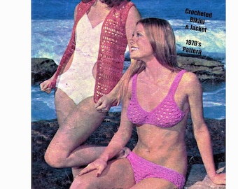 Bikini and Beach Cover Up Jacket crochet pattern Women DK 8 ply 1970s Vintage Swimwear Swimsuit Summer PDF Digital Download in ENGLISH