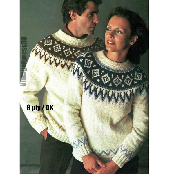 NORDIC Sweaters Lady & Man Knitting Pattern DK / 8 ply Vintage Icelandic His and Hers Pullover Jumper Fair Isle PDF Digital Download