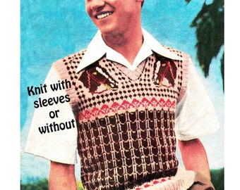 Horse Motif Pullover Knitting Pattern in ENGLISH 1950s Sleeveless or Sleeves Fair Isle Vest Sweater Slip-on ~ PDF Digital Dowload