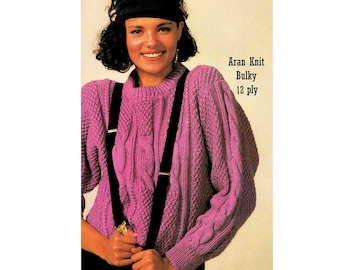 Cable bulky sweater knitting pattern 12 ply Lady's 75-95cm PDF Digital Download