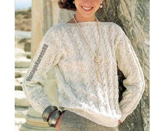 Lady's Cable Sweater Linen look knitting pattern in ENGLISH 8 ply DK Women's 7 sizes 32-44" 81-112cms PDF Digital download