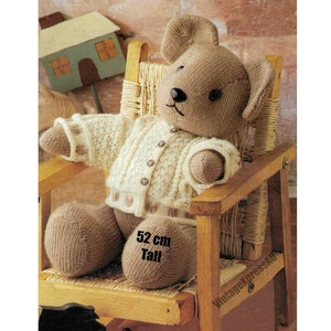 Teddy and his Cardigan Jacket Knitting Pattern DK 8 ply Teddy Bear Soft Toy stands 52cm tall PDF Digital download in ENGLISH