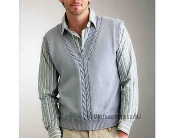 Sleeveless Pullover Cable Panel knitting pattern Men's Vest Sweater DK 8 ply Corporate Business 6 sizes PDF Digital download
