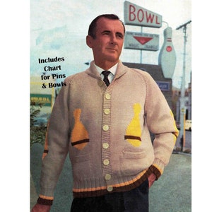 Ten Pin Bowls Cardigan Jacket Bowling Knitting Pattern Fair Isle Men&#39;s 38-44&quot; 3 sizes PDF Digital download