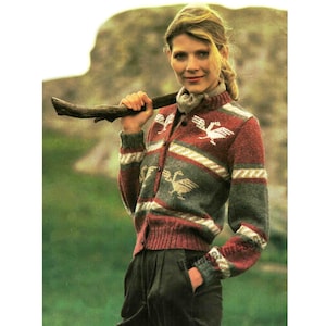 Striped Cardigan with Aztec bird motifs Women&#39;s Knitting pattern Lady&#39;s 4 sizes DK 8 ply Embroidered Fair Isle PDF digital download ENGLISH