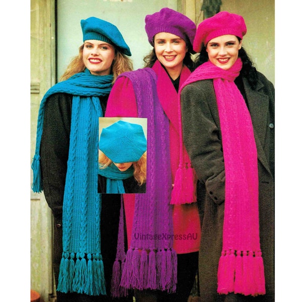 Tam-O-Shanter Oversize Beret & Scarf knitting pattern DK 8 ply Lady's 56cm head Cable Tassels PDF digital download