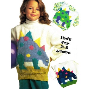 Dinosaur Sweater knitting pattern Child&#39;s 2-8 years 4 sizes Worsted/Aran 3 versions PDF Digital download