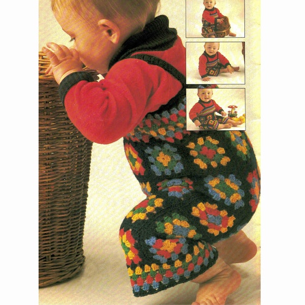 Granny Squares Overalls crochet pattern in ENGLISH 5 ply Sport Toddler 46cm 18" Crocheted baby rompers PDF digital download