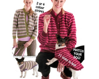 Dog Coat & Cardigan MATCHING knitting pattern 11 sizes dog sweater 2 or 4 colour stripes Owner Handler and Pooch Match 8 ply PDF download