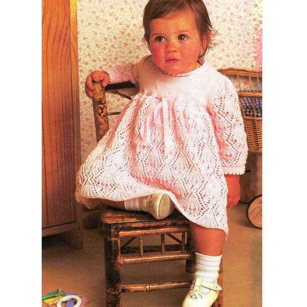 Baby Lacy Knitted Dress Special or Christening Knitting Pattern in ENGLISH 3 ply light fingering 3-12 months PDF Digital Download