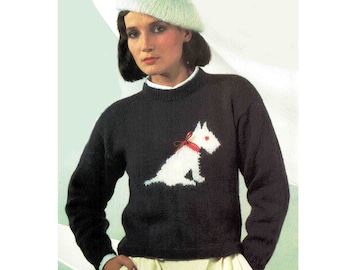 Ladies Scottie Dog Scotch Terrier Pullover Sweater Jersey & Beret Knit Row by Row from Chart Knitting Pattern PDF Digital Download