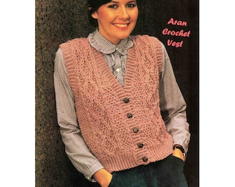Aran Crochet Vest Waistcoat pattern in ENGLISH sleeveless Sport / 5 ply Lady&#39;s 4 sizes PDF Digital Download
