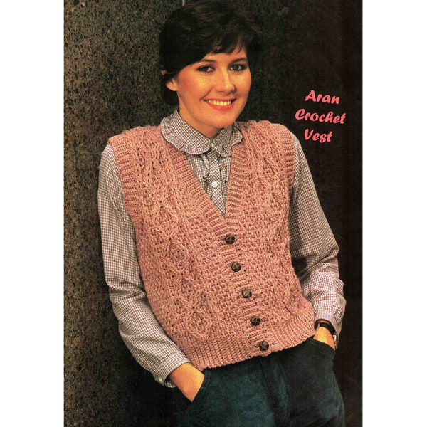 Aran Crochet Vest Waistcoat pattern in ENGLISH sleeveless Sport / 5 ply Lady's 4 sizes PDF Digital Download