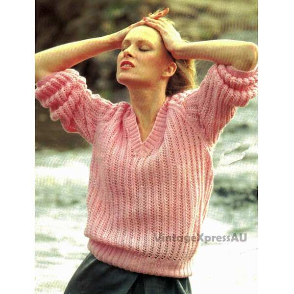 Ribbed V-Neck Sweater Knitting pattern in ENGLISH DK / 8 ply Fishermans Rib Jumper Lady's 5 sizes 32-40" 81-102cm PDF Digital download