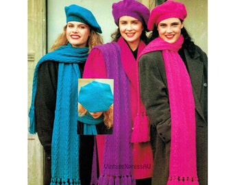 Tam-O-Shanter Oversize Beret & Scarf knitting pattern DK 8 ply Lady's 56cm head Cable Tassels PDF digital download