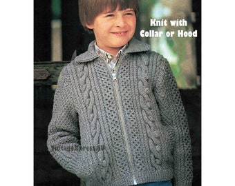 Zipped Aran Cable Jacket Child's Knitting pattern in ENGLISH Zip Up with Collar or Hood 5 sizes 24-32" Worsted 10 ply PDF Digital download