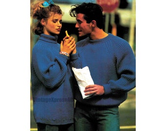 Fishermans Rib Sweater Knitting Pattern Lady Man DK / 8 ply yarn 4 sizes Polo Collar or Round Neck PDF Digital Download