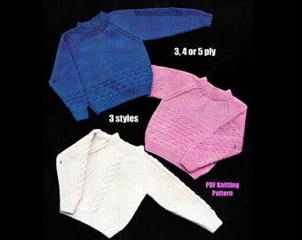 Baby Sweaters 3 styles knitting pattern 3, 4 or 5 ply Babies 18-24" chest Round Neck pullovers PDF digital download