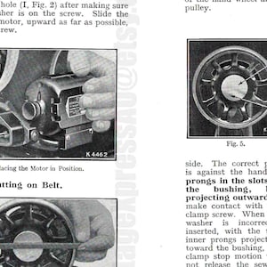May include: Black and white image showing how to install a sewing machine motor. The image shows the motor being placed on the sewing machine and the hand wheel being turned. The text in the image reads "Placing the Motor in Position" and "Putting on Belt".