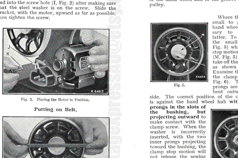 May include: Black and white image showing how to install a sewing machine motor. The image shows the motor being placed on the sewing machine and the hand wheel being turned. The text in the image reads "Placing the Motor in Position" and "Putting on Belt".