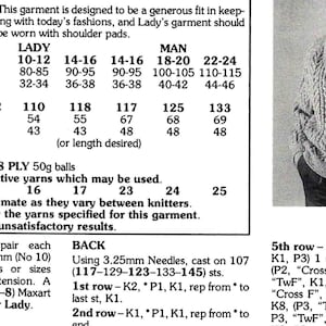 May include: A knitting pattern for a cardigan with instructions for different sizes. The pattern includes measurements in inches and centimeters, yarn requirements, and needle sizes. The pattern also includes instructions for a cable stitch and a "TwF" stitch.