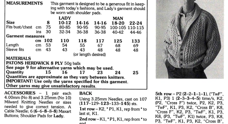 May include: A knitting pattern for a cardigan with instructions for different sizes. The pattern includes measurements in inches and centimeters, yarn requirements, and needle sizes. The pattern also includes instructions for a cable stitch and a "TwF" stitch.
