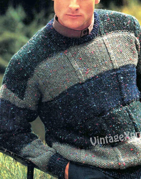 Striped 3-colour Man's Sweater Knitting Pattern 4 Sizes Men 34-48
