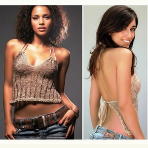 May include: A metallic gold knit halter top featuring a deep V-neckline, vertical ribbed texture, and an open back design with thin tie straps. The garment is paired with blue denim jeans and a wide brown belt with a large metal buckle.