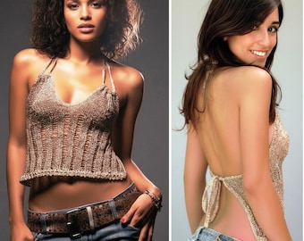 Metallic Disco Halter Top Knitting Pattern, Backless Glitter Y2K Style, 4 sizes (PDF download in ENGLISH)