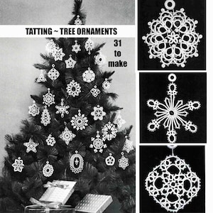 May include: A collection of white lace tatting tree ornaments displayed on a dark Christmas tree and in three separate panels. The text TATTING ~ TREE ORNAMENTS and 31 to make is visible. The ornaments feature intricate geometric and snowflake patterns.
