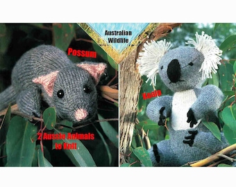 Peut inclure: Patron de tricot pour deux animaux australiens : un opossum et un koala. Le patron comprend des instructions pour tricoter les deux animaux, ainsi qu'une image des produits finis.