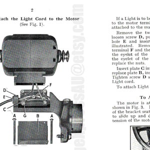 May include: Diagram showing how to attach a light cord to a motor. The diagram shows the motor, the light cord, and the terminal plate. The diagram also includes labels for each part. The text in the image reads: "To Attach the Light Cord to the Motor (See Fig. 1)."