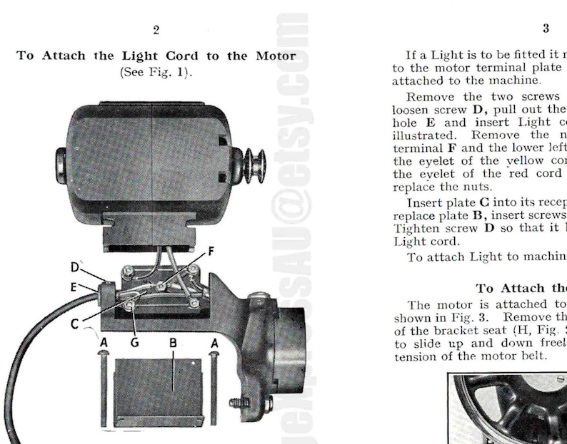 May include: Diagram showing how to attach a light cord to a motor. The diagram shows the motor, the light cord, and the terminal plate. The diagram also includes labels for each part. The text in the image reads: "To Attach the Light Cord to the Motor (See Fig. 1)."