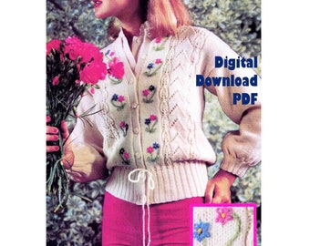 Cardigan Embroidered Flowers Lady's Knitting Pattern in ENGLISH Feminine, Tyrolean style & Lacy panels Vintage Instant Download PDF