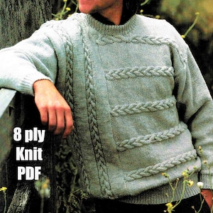 Men&#39;s Cable Sweater knitting pattern DK 8 ply Easy Knit Pullover Man 5 sizes PDF digital download in ENGLISH