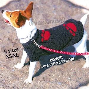 Puede incluir: Patrón de punto para suéter de perro con huellas de patas rojas. El patrón incluye cinco tallas: XS-XL. Bono: patrón adicional incluido.