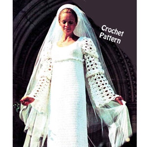 Wedding Gown Dress Crochet Pattern Vintage 1970s DK 8 ply Lady&#39;s 4 sizes 32-38&quot; Digital Instant Download PDF