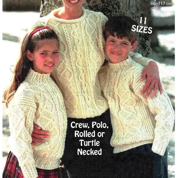 Aran Sweaters 4 Neck styles 11 sizes knitting pattern ENGLISH Crew Rolled Polo or Turtle Necked 26-46" 66-117cms 10ply worsted PDF download