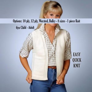 Sleeveless Vest EASY Knitting Pattern, 8 sizes Child & Women Waistcoat, 1 piece Knit, 10 or 12 ply (PDF download in ENGLISH)