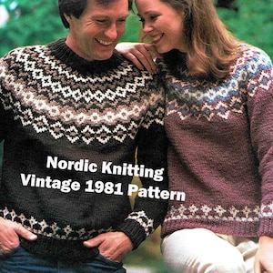 Nordic Icelandic sweaters Knitting Pattern Fair Isle wool Pullovers 12 ply chunky His & Hers 6 sizes 32-42&quot; 81-107cms PDF download ENGLISH