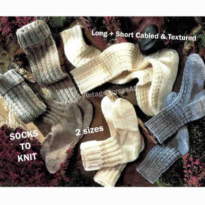 Pode incluir: Um padrão de tricô para meias com uma variedade de texturas, incluindo pontos de cabo e pontos texturizados. O padrão inclui dois tamanhos e é intitulado "Socks to Knit" com o texto "Long + Short Cabled & Textured" acima.