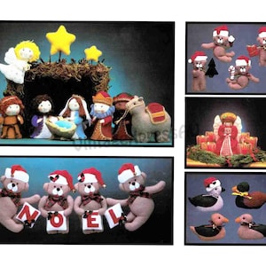 Może przedstawiać: Zestaw świątecznych ozdób filcowych przedstawiających scenę narodzin, grupę niedźwiedzi trzymających napis "NOEL" oraz grupę kaczek. Ozdoby są wykonane ręcznie i stanowiłyby wspaniały dodatek do każdej choinki.